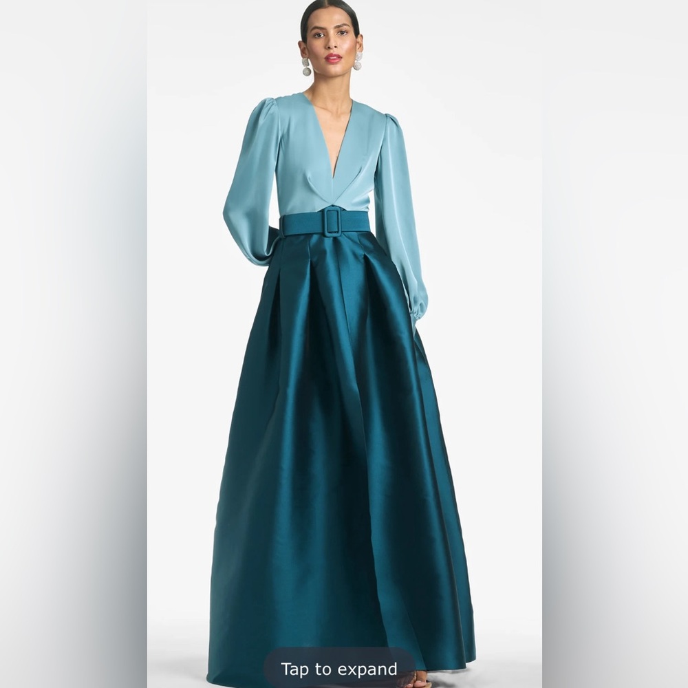 Sachin & Babi Zoe Gown/V Neck Box Pleat Ball Gown in Seaglass/Deep Teal